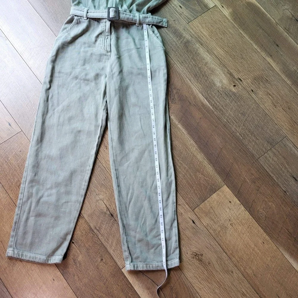 Zara Womens Sage Green Denim Belted Utility Jumpsuit Short Sleeve XS 1887/163